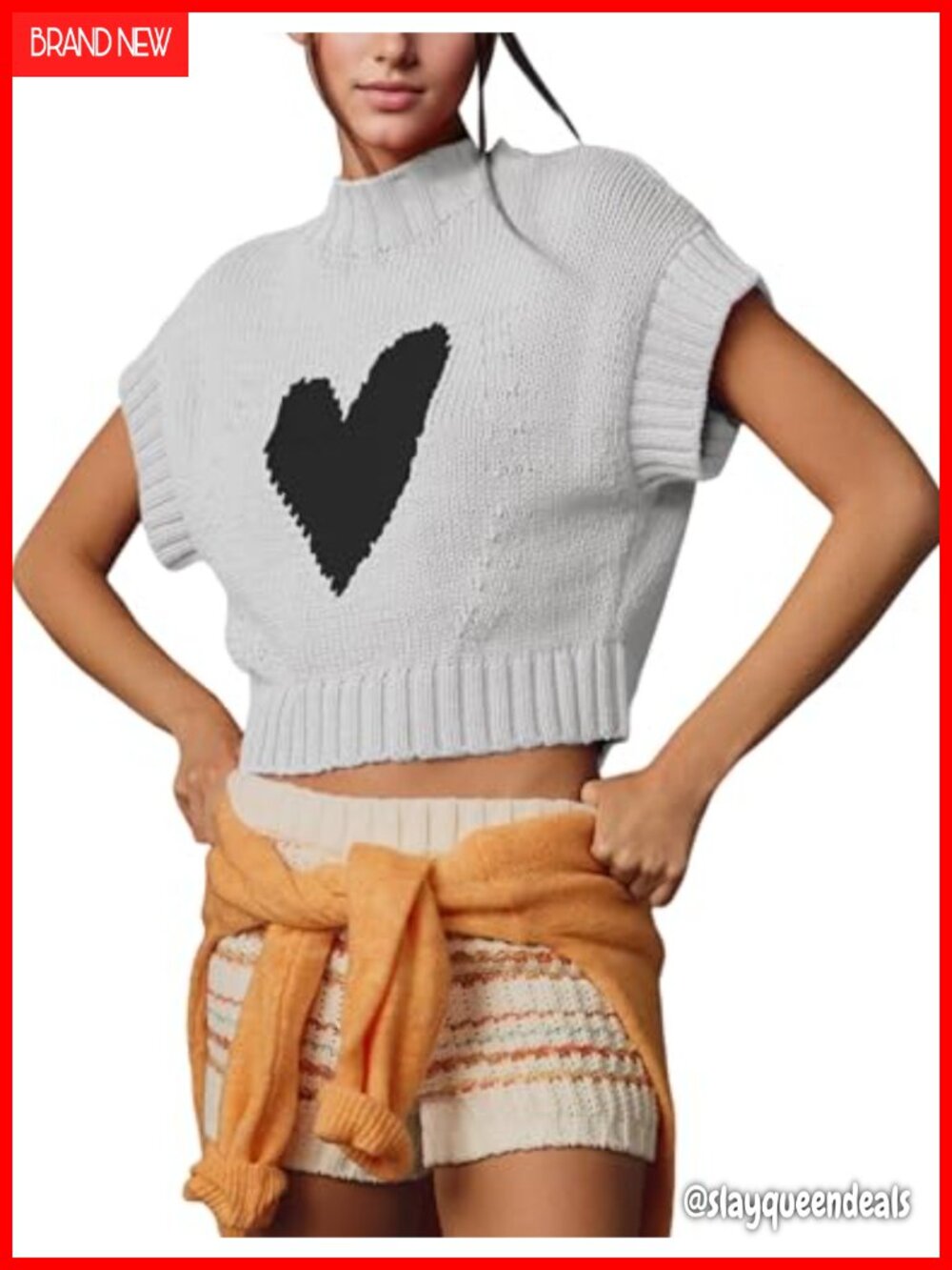 100% Cotton Mock Neck Sweater Vest Cap Sleeve Heart Knit Pullover Tank Top